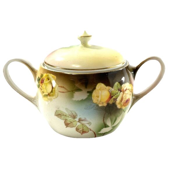 Antique P.S.A.G. Bavaria Hand Painted Sugar Bowl Yellow Roses Gold Trim - Picture 3 of 8